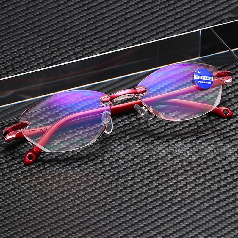 Presbyopia Reading Glasses Women Frameless Square Reader Glasses for Men Women's Anti Blue Light Computer Eyeglasses Far Sight Rimless Oval Red G