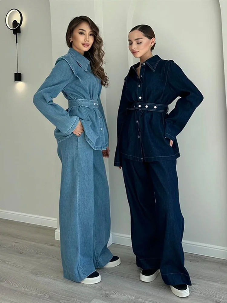 Vintage Denim Jacket Pant Sets Women Single Breasted Lapel Long Sleeve Belt Coat Wide Leg Trousers Jeans High Street Outfits 250210
