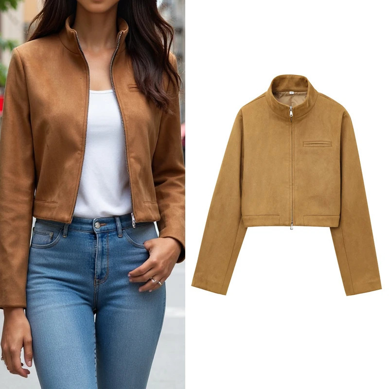 TRAF Cropped Faux Leather Jacket Womens Autumn Long Sleeve Short Bomber Outerwears Ladies Fashion Casual Camel Coat 250211