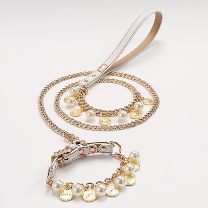 Pink Luxury Dog Collars with Pearls Gold Ornaments, Collar Leash Set for Cats Dogs, Dog Princess Neck Decoration, Adjustable Pet Collars for Gathering