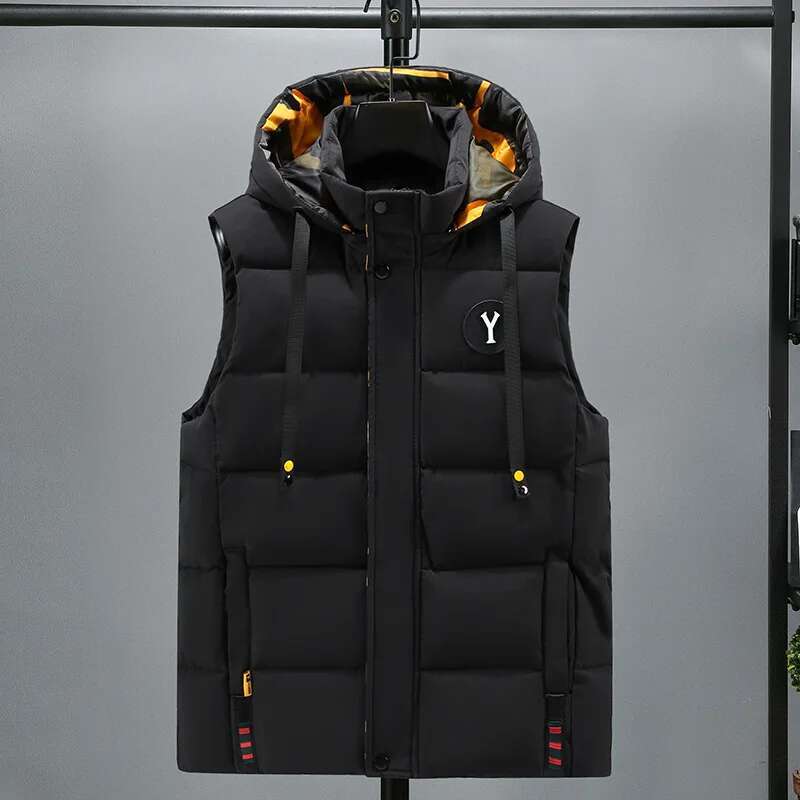 #3639 Autumn Winter Vests For Men Black Beige Gray Down Cotton Hooded Vest Zipper Straight Sleeveless Jackets Hat Detachable 5XL