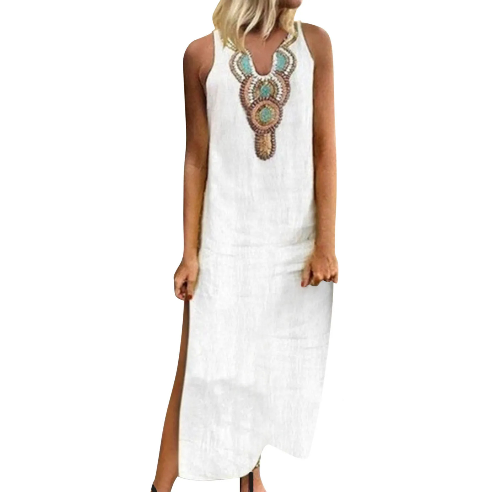 Womens Summer Dress Loose Bohemian Flower Printed Sundress Casual Sleeveless Linen Long Dress Womens Robe 250213