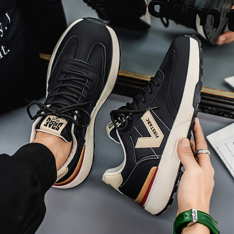 Men Sports Shoes Thick Sole Mesh Breathable Simple Style Versatile Running Sneakers Triple Black Beige Grey Free shipping