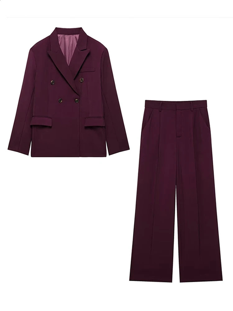 Fashion Lapel Jacket Long Pant Sets For Women Double Breasted Blazer Wide Leg Pant 2 Piece Outfits Office Lady Chic Suits 250210