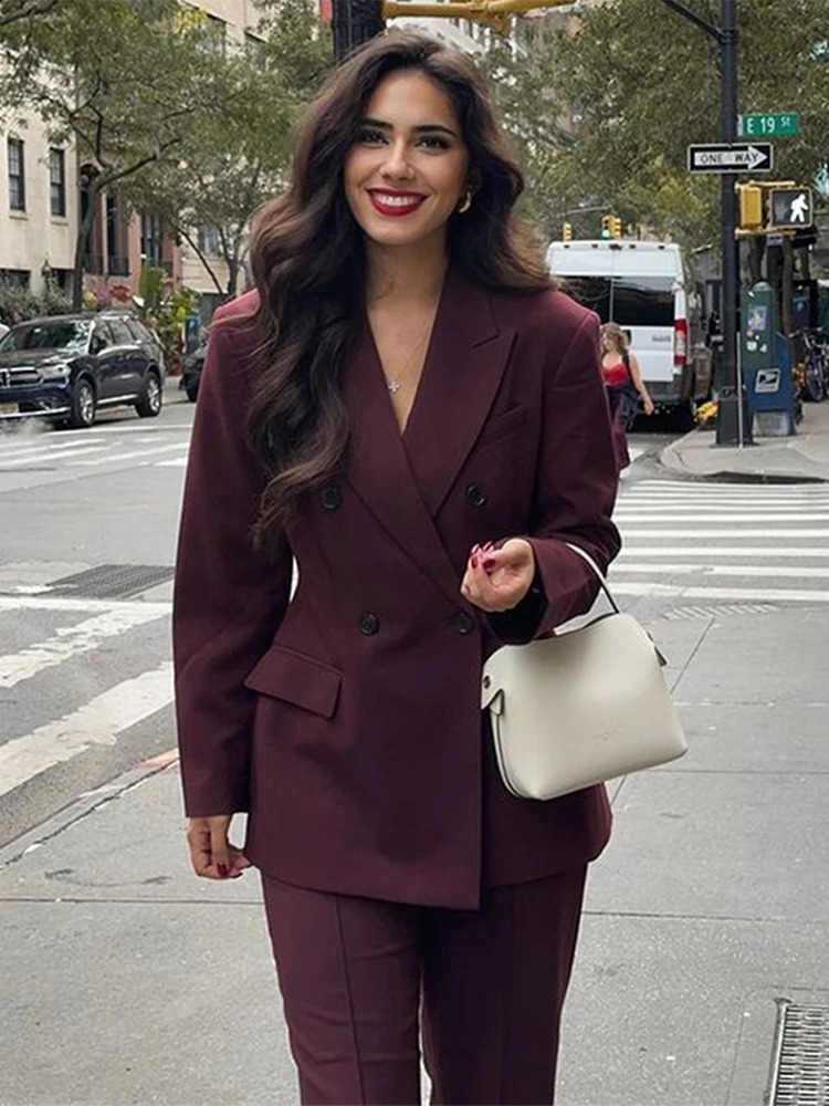 Fashion Lapel Jacket Long Pant Sets For Women Double Breasted Blazer Wide Leg Pant 2 Piece Outfits Office Lady Chic Suits 250210