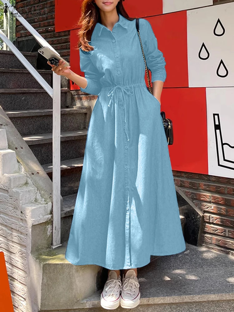 ZANZEA Spring Denim Blue Dress Women Elegant Long Sleeve Work Sundress Casual Lapel Neck Holiday Dresses Maxi Dress Kaftan 250213