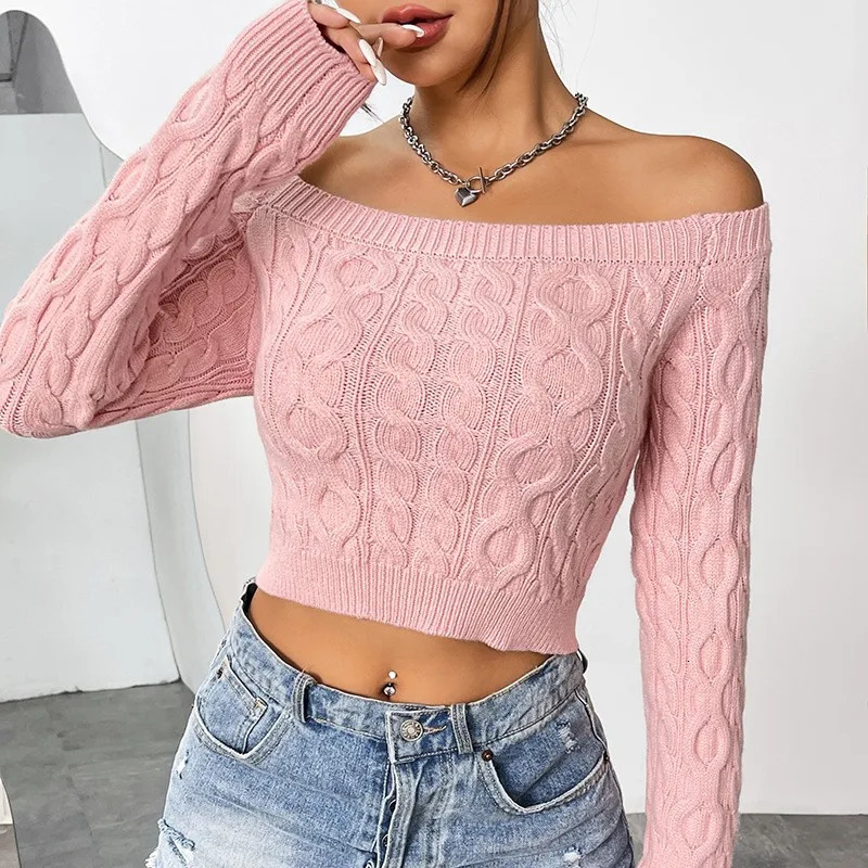 Autumn Womens Knitted Sweater Solid Color Sexy Short Style Autumn/Winter One Piece Neck Off Shoulder Knitted Sweater 250210