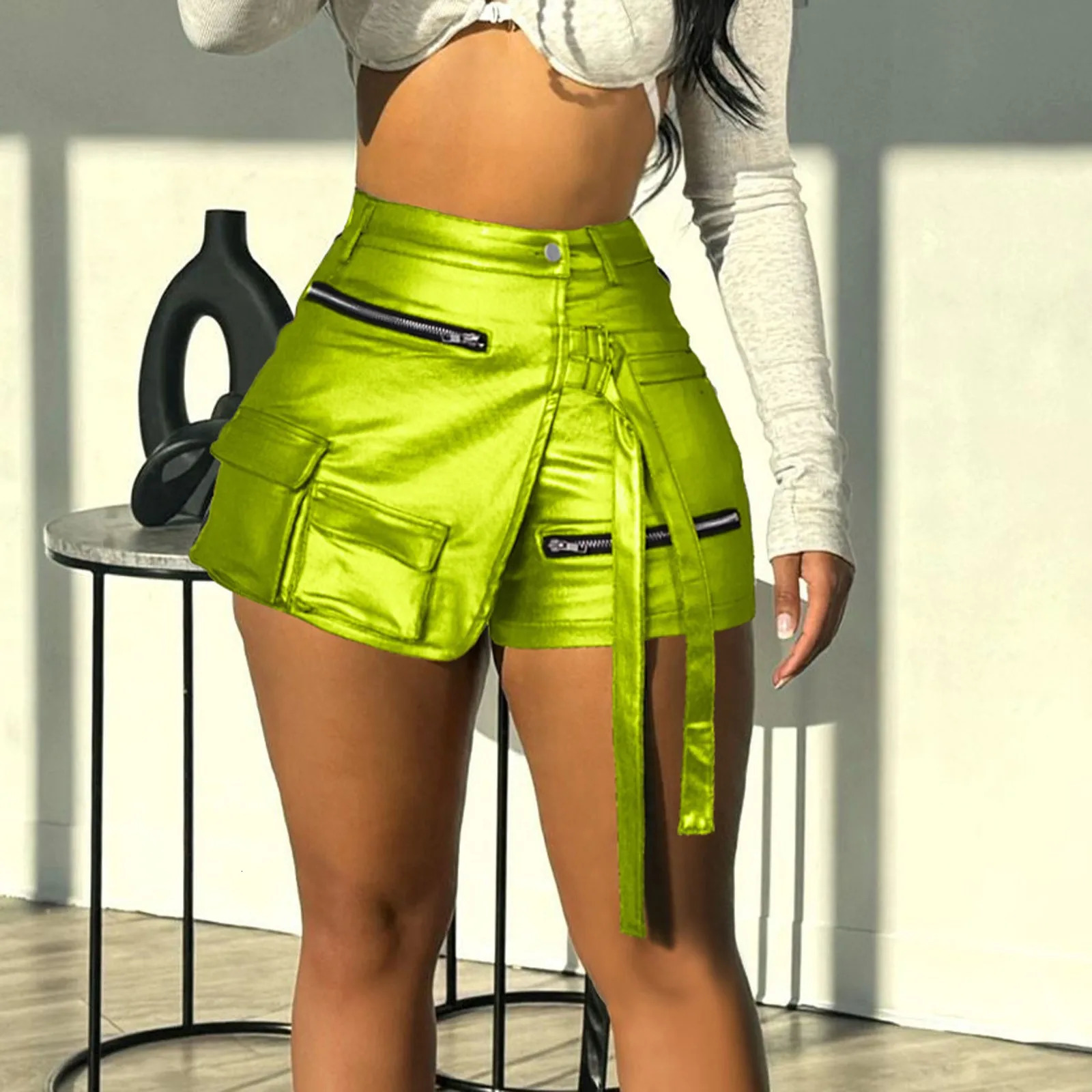 Womens shiny metal Pu leather boots shorts elastic waist solid color pants tight nightclub bar 250213