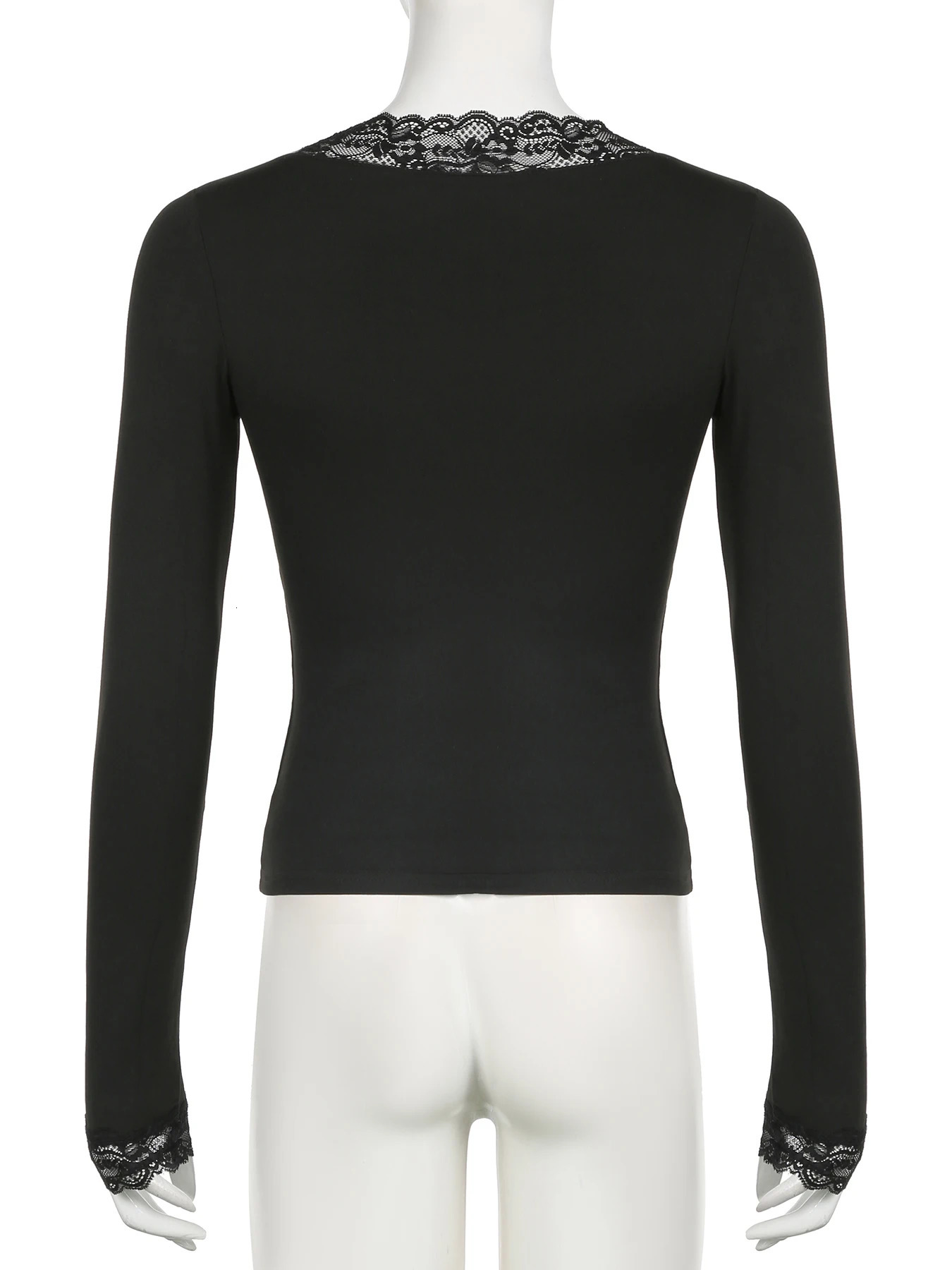 IAMSURE Casual Solid Lace Trim T Shirt Basic Slim VNeck Long Sleeve Tees Women Autumn Spring Fashion Streetwear Ladies 250211