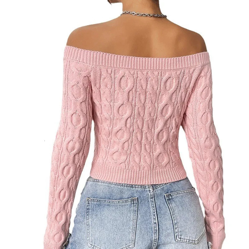 Autumn Womens Knitted Sweater Solid Color Sexy Short Style Autumn/Winter One Piece Neck Off Shoulder Knitted Sweater 250210