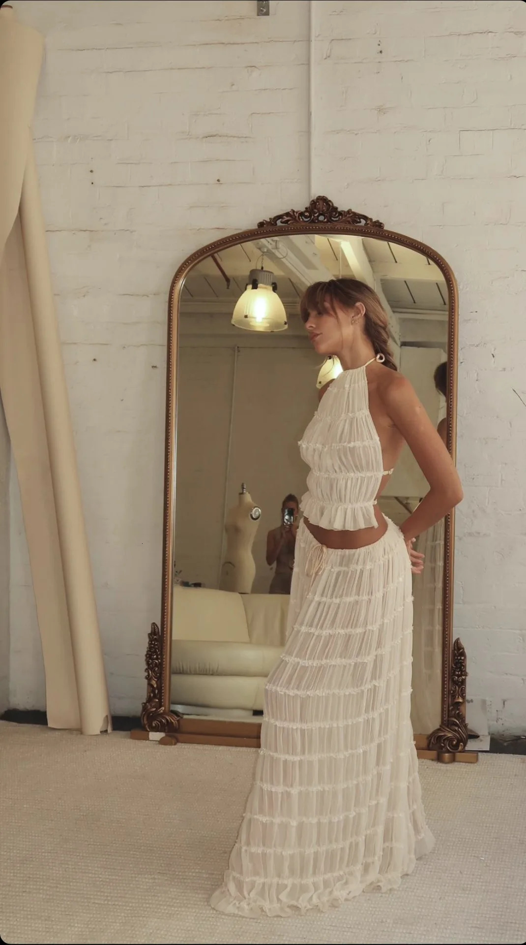 Fashion Halter Neck Long Skirt Suit Women Backless Sling Top Lace Up Fold Maxi Skirts Summer Female 2 Piece Set Outfits 250214