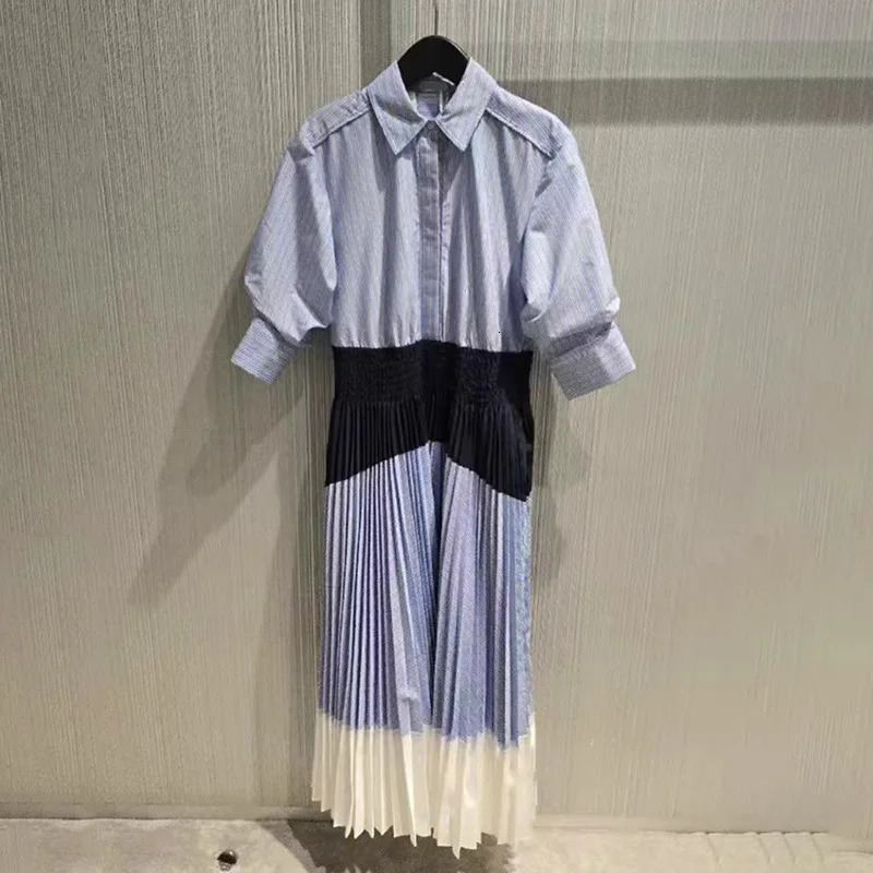 Niche spring and summer blue lapel splicing striped midsleeve dress female y2k 250214