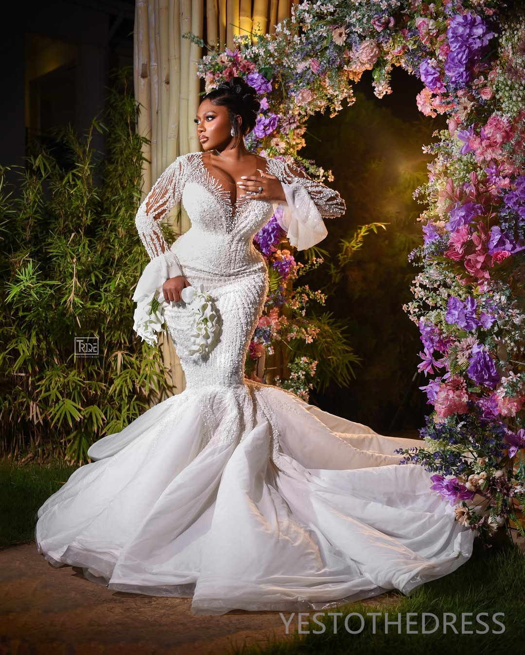 2025 Plus Size Mermaid Wedding Dress Bridal Gowns For Bride Sheer Neck Illusion Long Sleeves Appliqued Beaded Pearls Lace Wedding Gowns For Black Wome