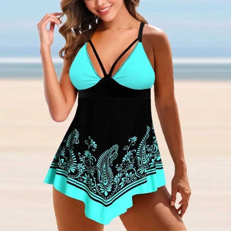 Womens Swimming Suit Halter Swimwear Two Pieces Bathing Suit Flower Floral Printed Tankini Top Beachwear Boyshorts Swimming S-4XLW250214