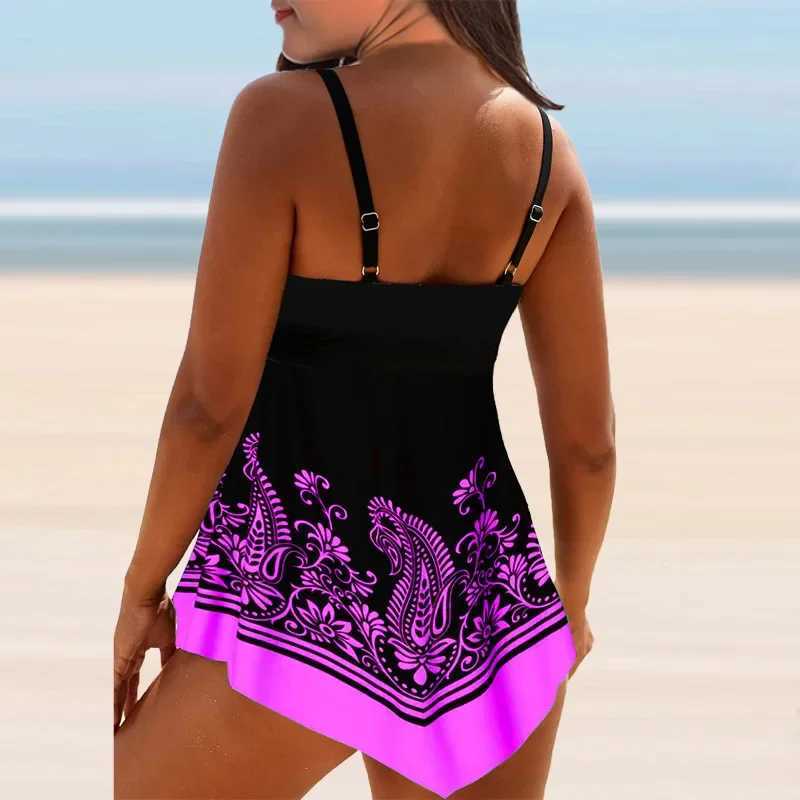 Womens Swimming Suit Halter Swimwear Two Pieces Bathing Suit Flower Floral Printed Tankini Top Beachwear Boyshorts Swimming S-4XLW250214