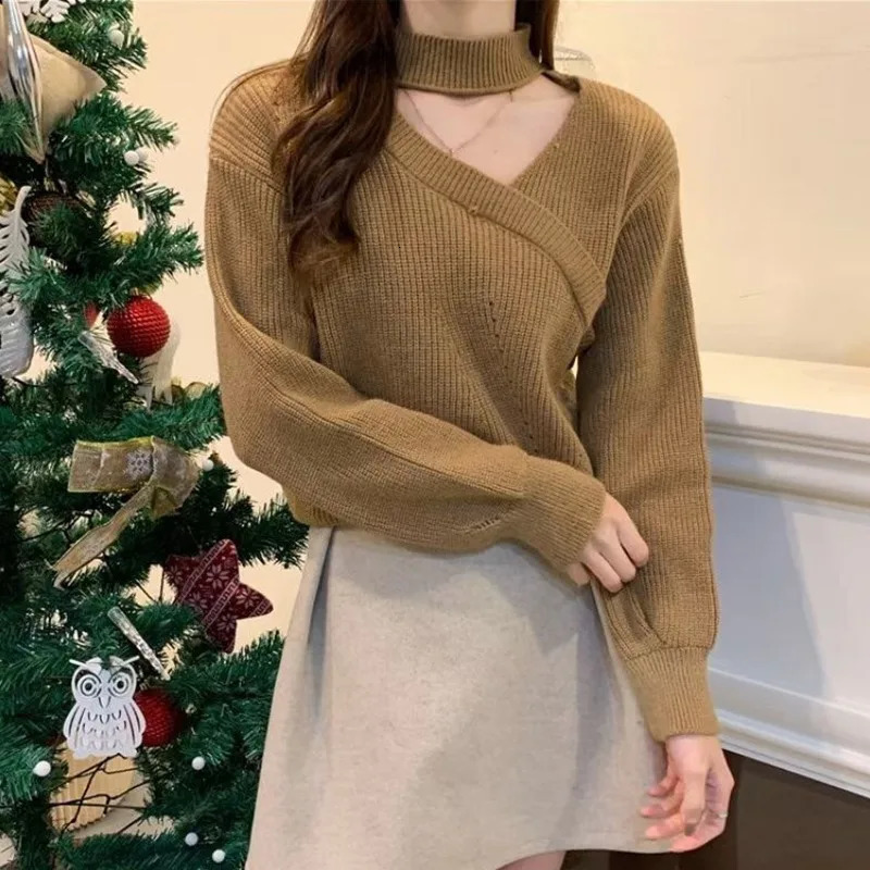 Womens Christmas Sweater Autumn Winter Long Sleeved Sweater Warm V-neck Off Shoulder 250210
