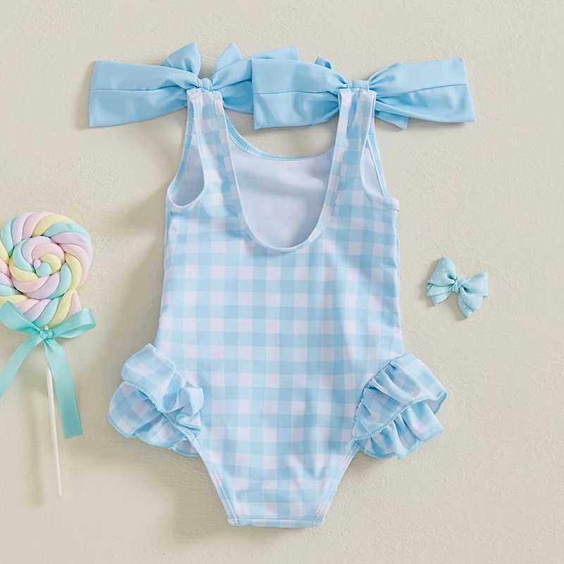 1-4Years Kids Baby Girls Swimsuits Cute Plaid Print Bowknot Shoulder Straps Ruffled Romper Bathing Suit Toddlers BeachwearXJ250214