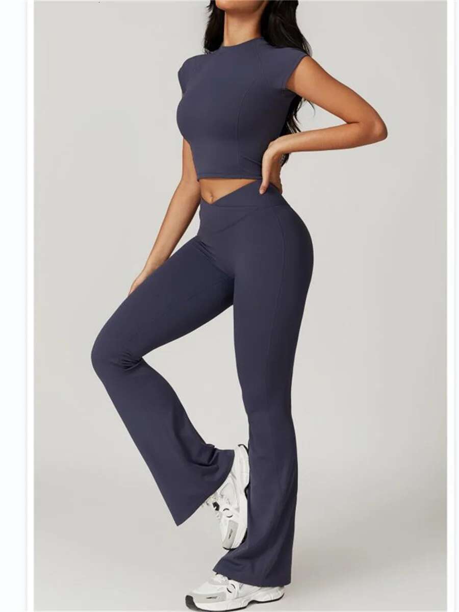 Yoga Set Women Short Sleeve Crop Top Slim Fit Stretchy High Waist Flare Leggings Fiess Suit Workout Gym Running Tracksuit