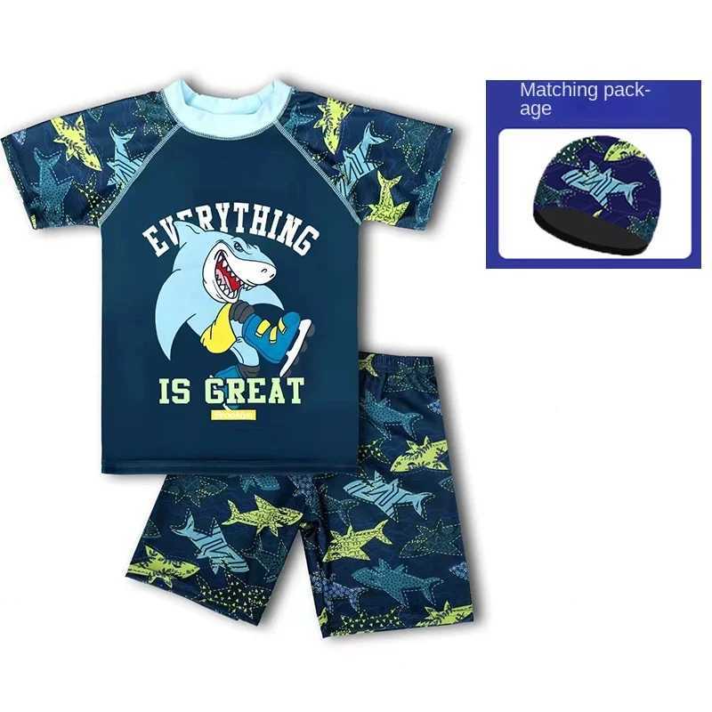 Two Piece Childrens Swimsuit SummerNew Boys Quick-drying Swimwearteenage Boy Swimming Suits with Cap SetXJ250214