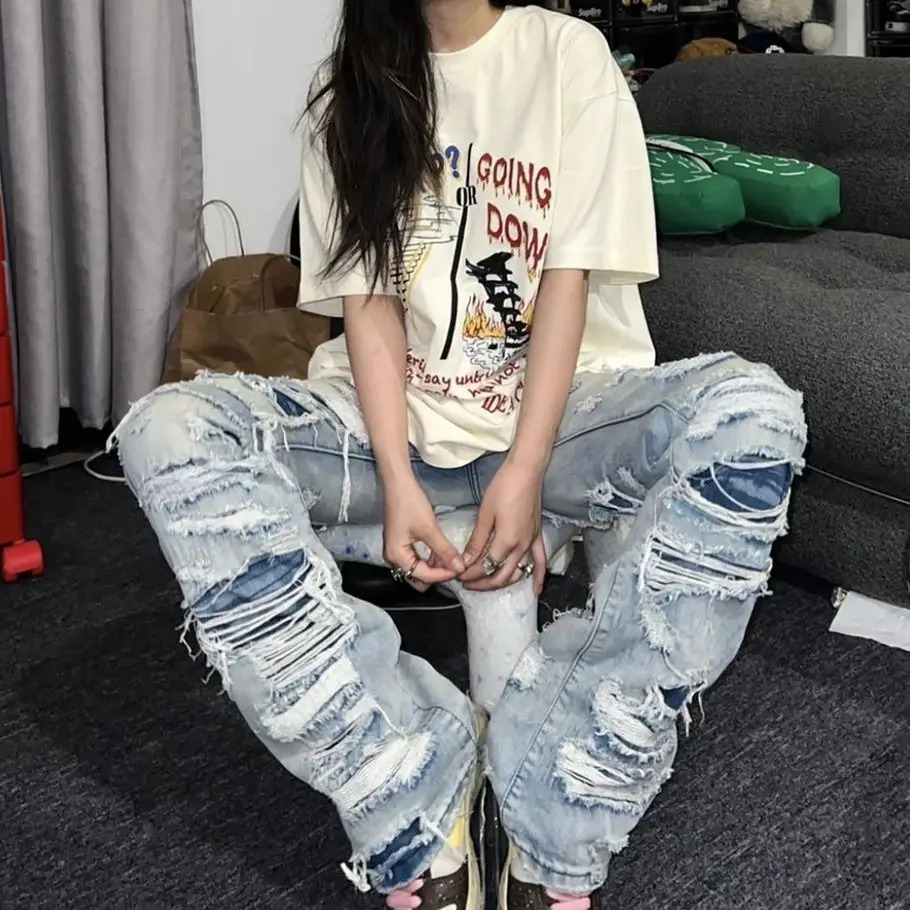 Y2K Jeans Mens Womens Hip Hop Rock Ripped Pants Retro Blue Loose Jeans Fashion Harajuku High Waisted Wide Leg Pants Street Wear 250210