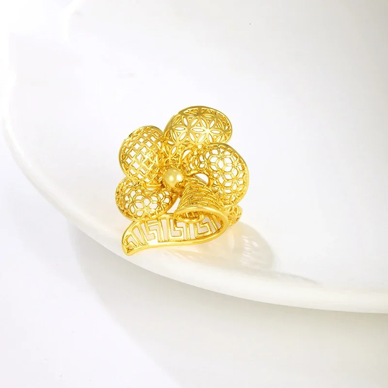 Fashion 24K Gold Exquisite Floral Gold Ring for Women Fashion Vintage Haute Couture Wedding Bride Wedding Ring 250214