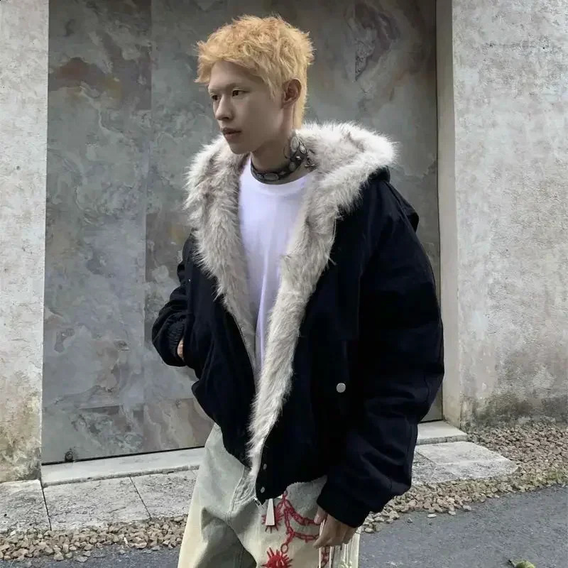 Winter Retro Fur Collar And Velvet Padded Warm Hooded Coat Korean Men Y2K Harajuku Hip Hop Goth Casual Joker Couple 250210