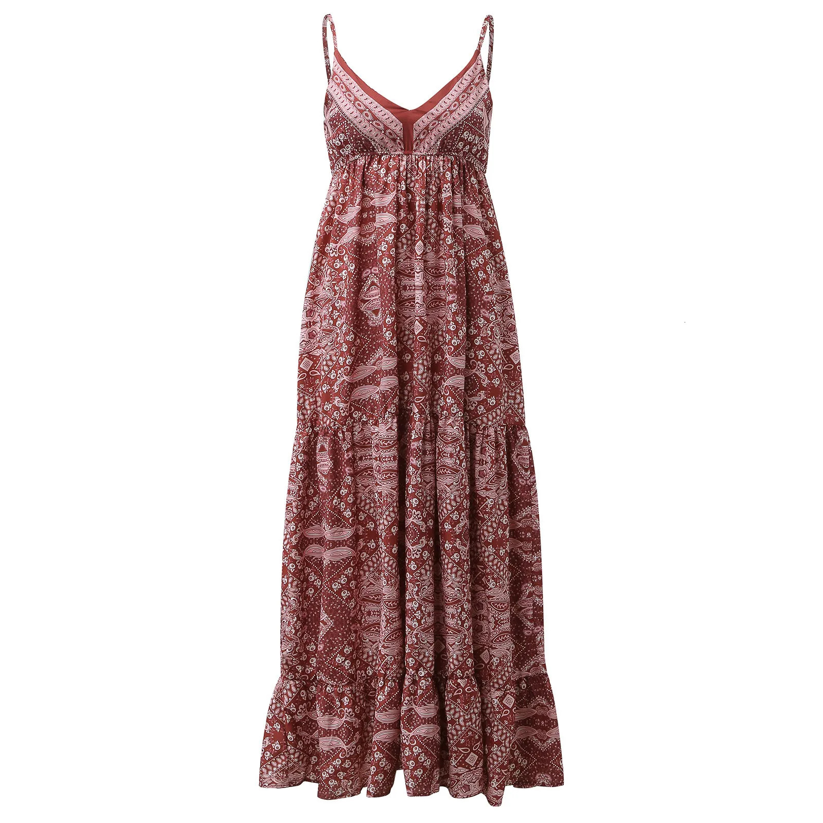 Womens Bohemian Beach Long Dresses Elegant Spaghetti Strap Ethnic Style Maxi Dress Summer V Neck Tunic Sling Dress Womens Clothing 250213