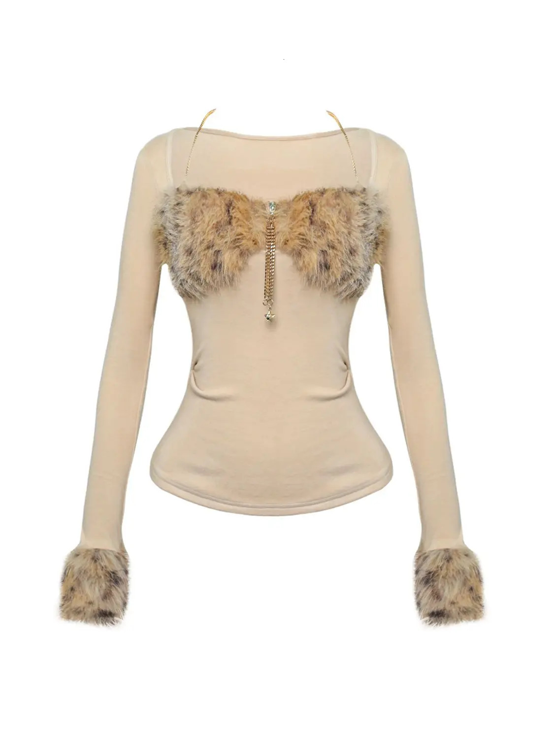 Trendy Leopard Print Fur Stitching Long-sleeved European American Slim Fit Versatile T-shirt Autumn and Winter Harajuku Y2k Tops 250210