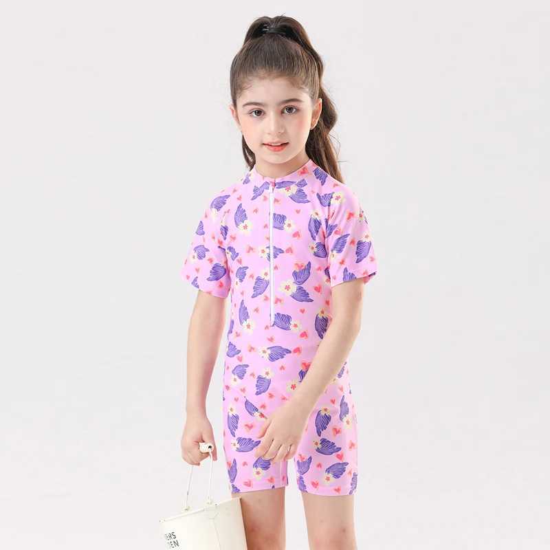 Leaf Print One Piece Girls Swimwear Kids Short Sleeve Swimsuit With Front Zipper Summer Children Swimming Suit BeachwearXJ250214