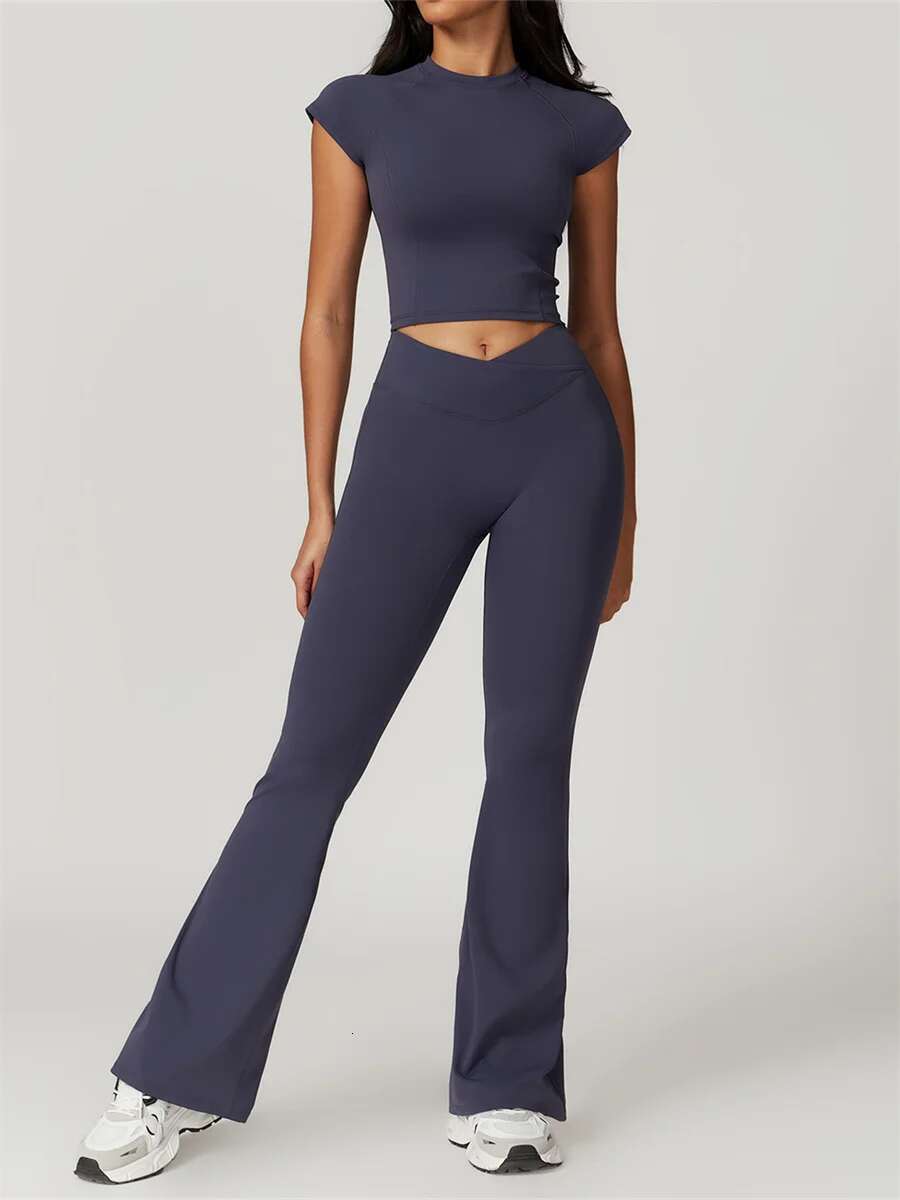 Yoga Set Women Short Sleeve Crop Top Slim Fit Stretchy High Waist Flare Leggings Fiess Suit Workout Gym Running Tracksuit