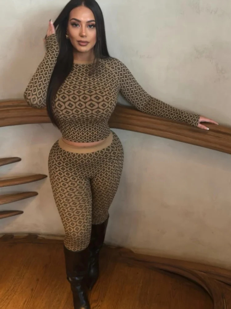 Chic Printed Tight Fitting Elastic Women Pants Suit Casual Long Sleeve Round Neck Slim Top Set 2025 Lady Spring Commute Outfits 250214