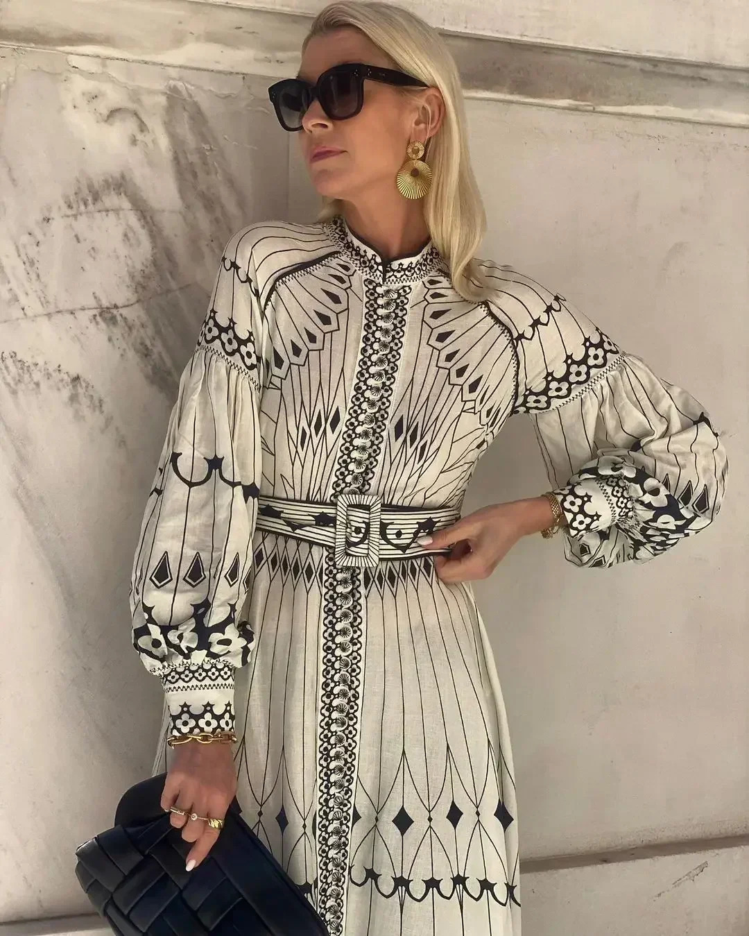 Retro Elegant Stand Collar Long Dress Women Spring Pattern Print Belted Buckle Party Dress Autumn Long Sleeve A-Line Boho Dress 250213