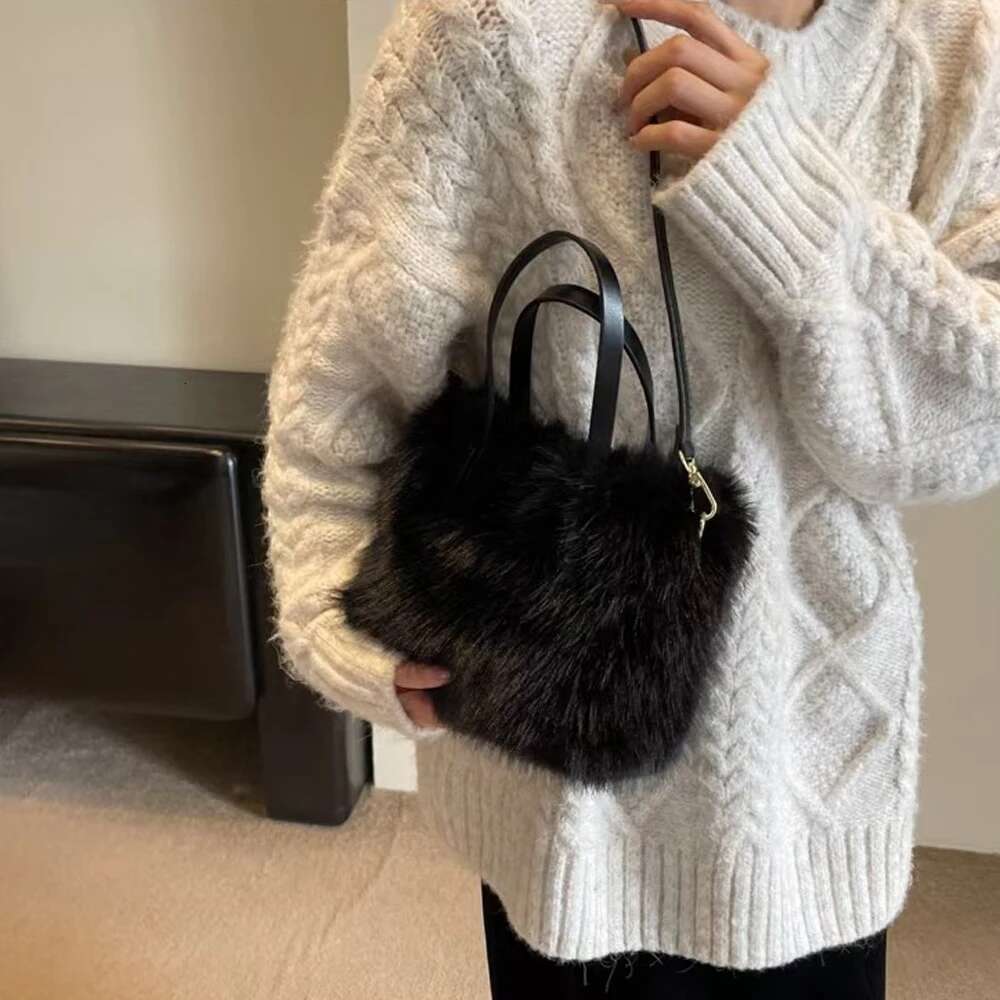 ISKYBOB Women's Imitation Fox Fur Handbags Plush Tote Fashion Fluffy Shoulder Bag Solid Color Winter Soft Crossbody Bags