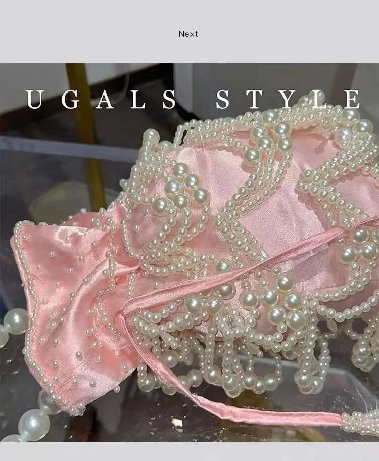 Women's Handbag Satin String Bucket Pearl Beading Tassel Handmade Evening Wedding Party Clutch Purse Shoulder Bag