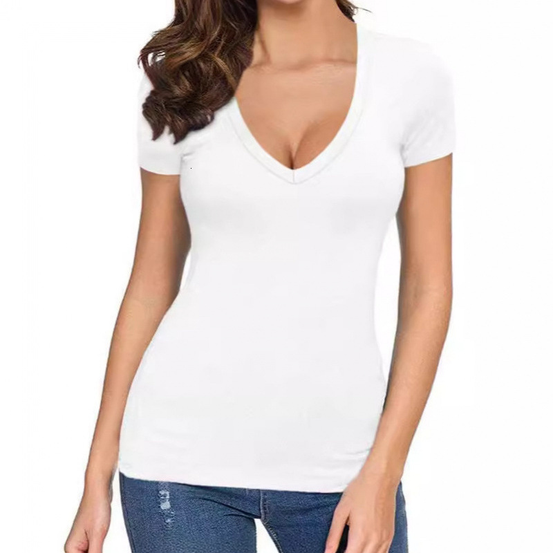 Designer Free Shipping Fashion Casual Versatile 2025 Spring/summer V-neck Sexy Solid Color Basic Slim Fit T-shirt