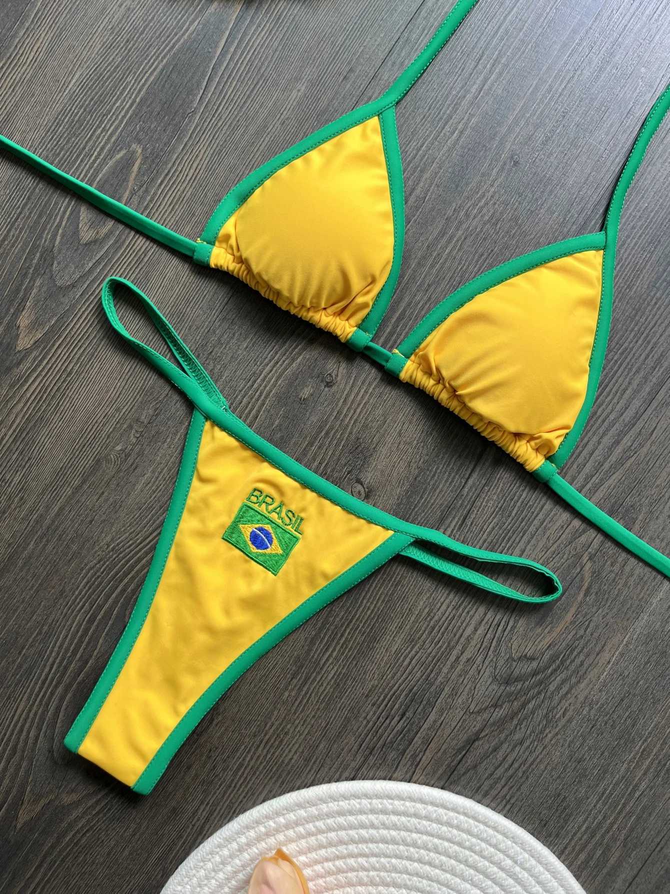 RUOTONSEPT Sexy Embroidery Brasil Flag Contrast Split Bikini Set Women Swimwear Patchwork Swimsuit Hottie Outfit SummerBeachwearT250214