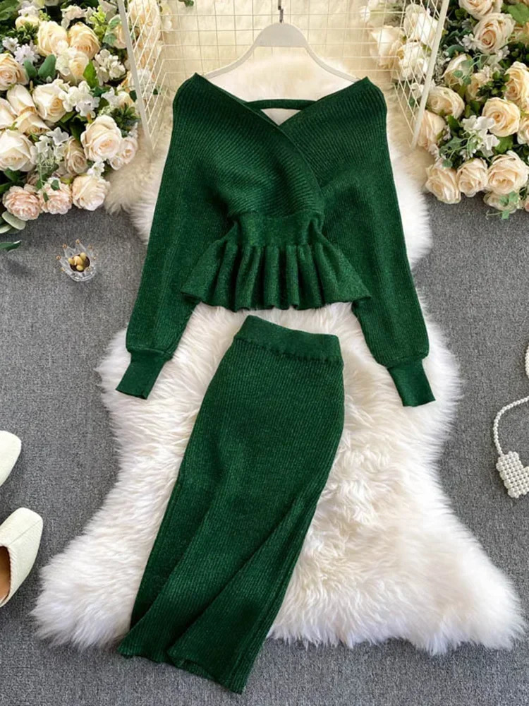 Womens Korean Style Cross V-neck Puff Sleeve Short Waist Top Elastic High Waist Pleated Skirt Knitting Two Piece D040 250210