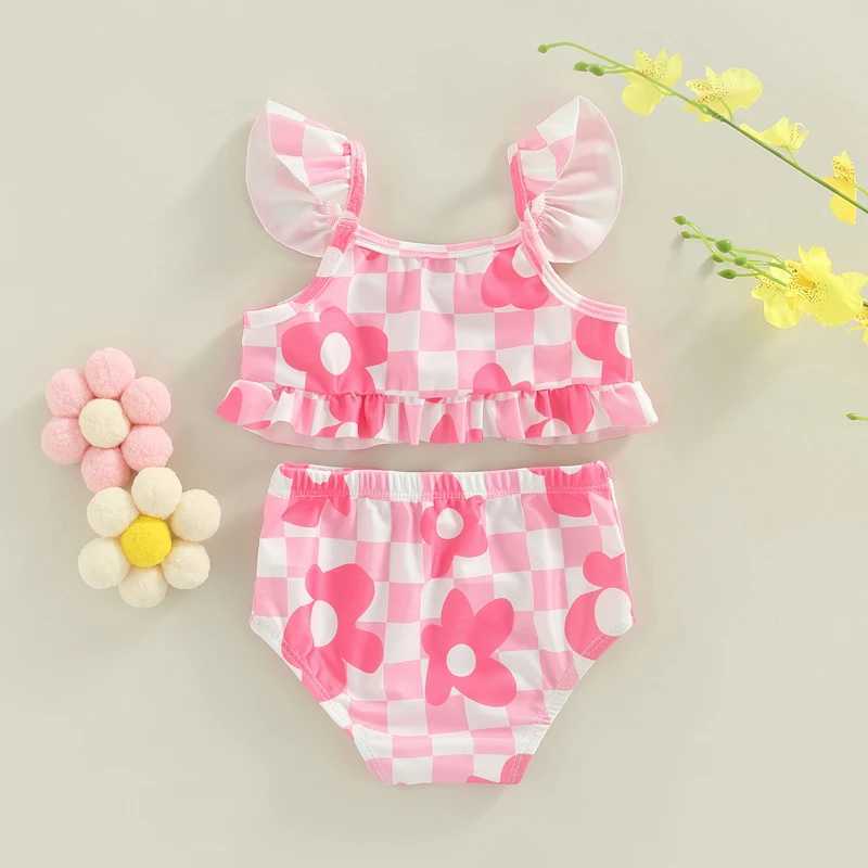Toddler Baby Girls Swimwear Bikini Set Flower Plaid Print Fly Sleeve Camisole with Briefs Bathing Swimsuit for Summer BeachwearXJ250214