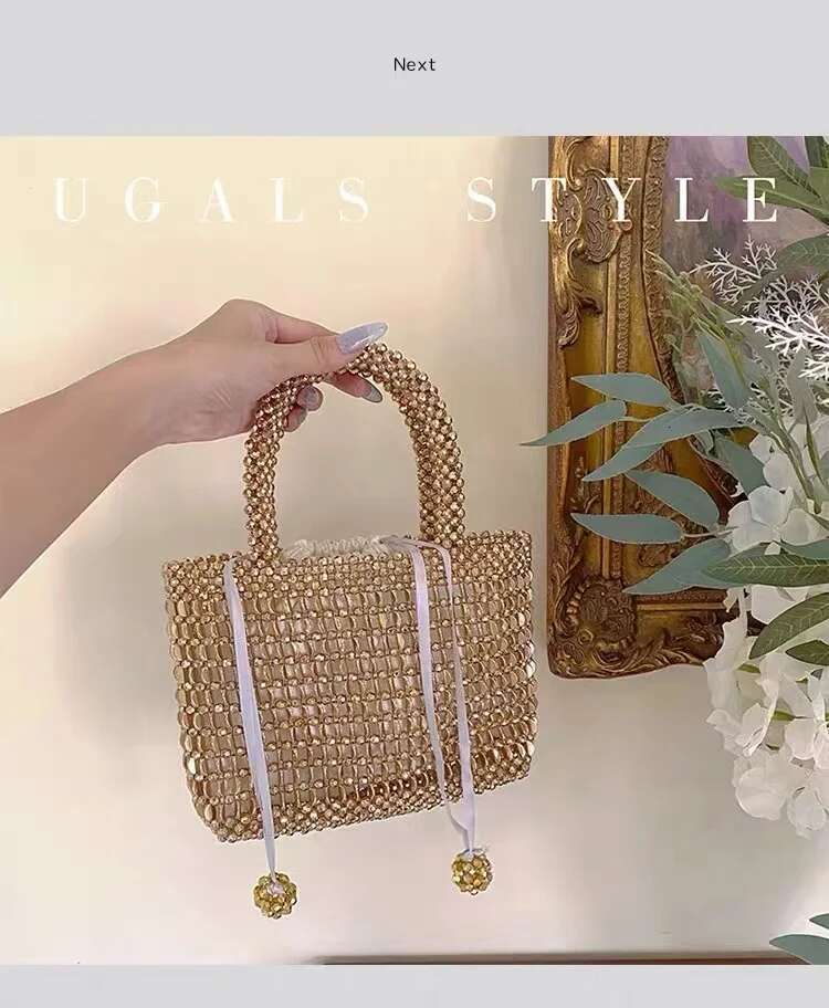 Metallic Shiny Beads Beading Bucket Large Capacity Fashion Women Handbag Woven Handmade Shoulder Lady Purse Casual Bag