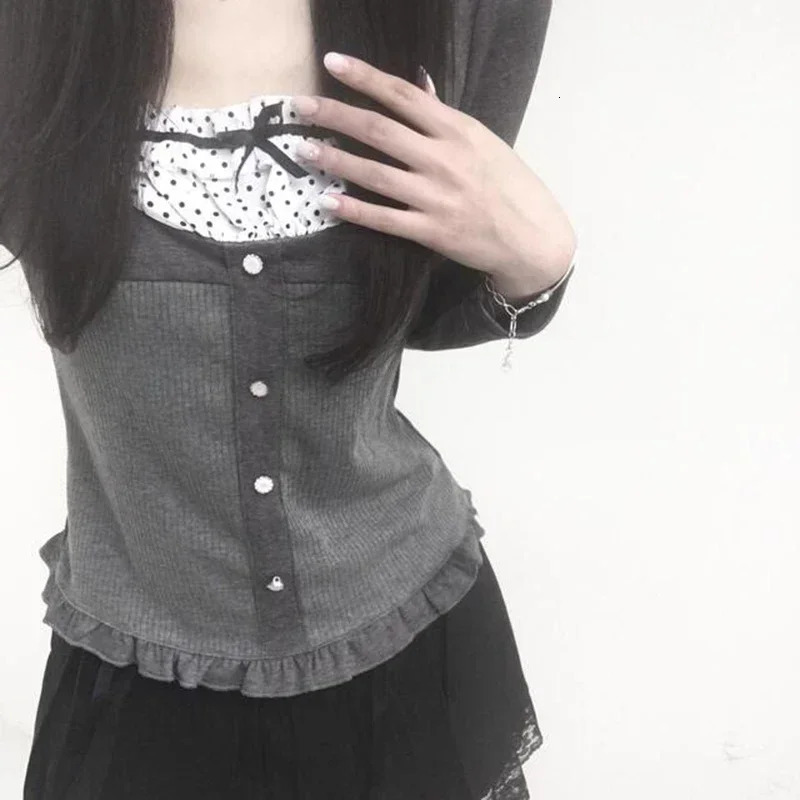 Y2K Polka Dot Print Contrast Patchwork Knitted Tops Grey Autumn Spring Cute Bow Tshirts Slimfit Long Sleeve Knitwear 250211