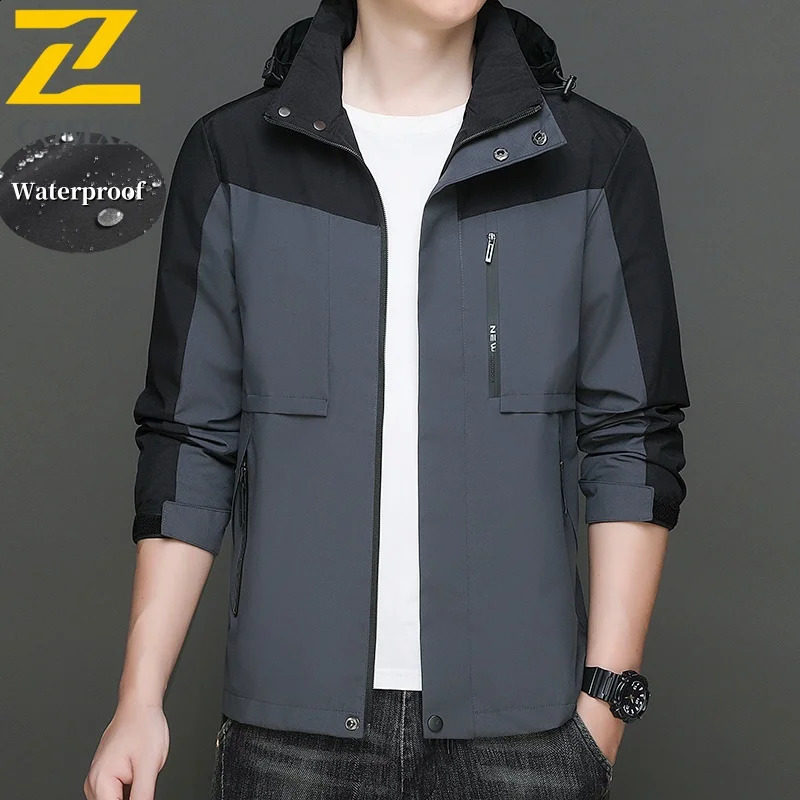 Casual Waterproof Jacket Mens Spring Autumn 8xl Splicing Zipper Pocket Windbreaker Men Outdoor Sports Camping Hooded Coat 250210