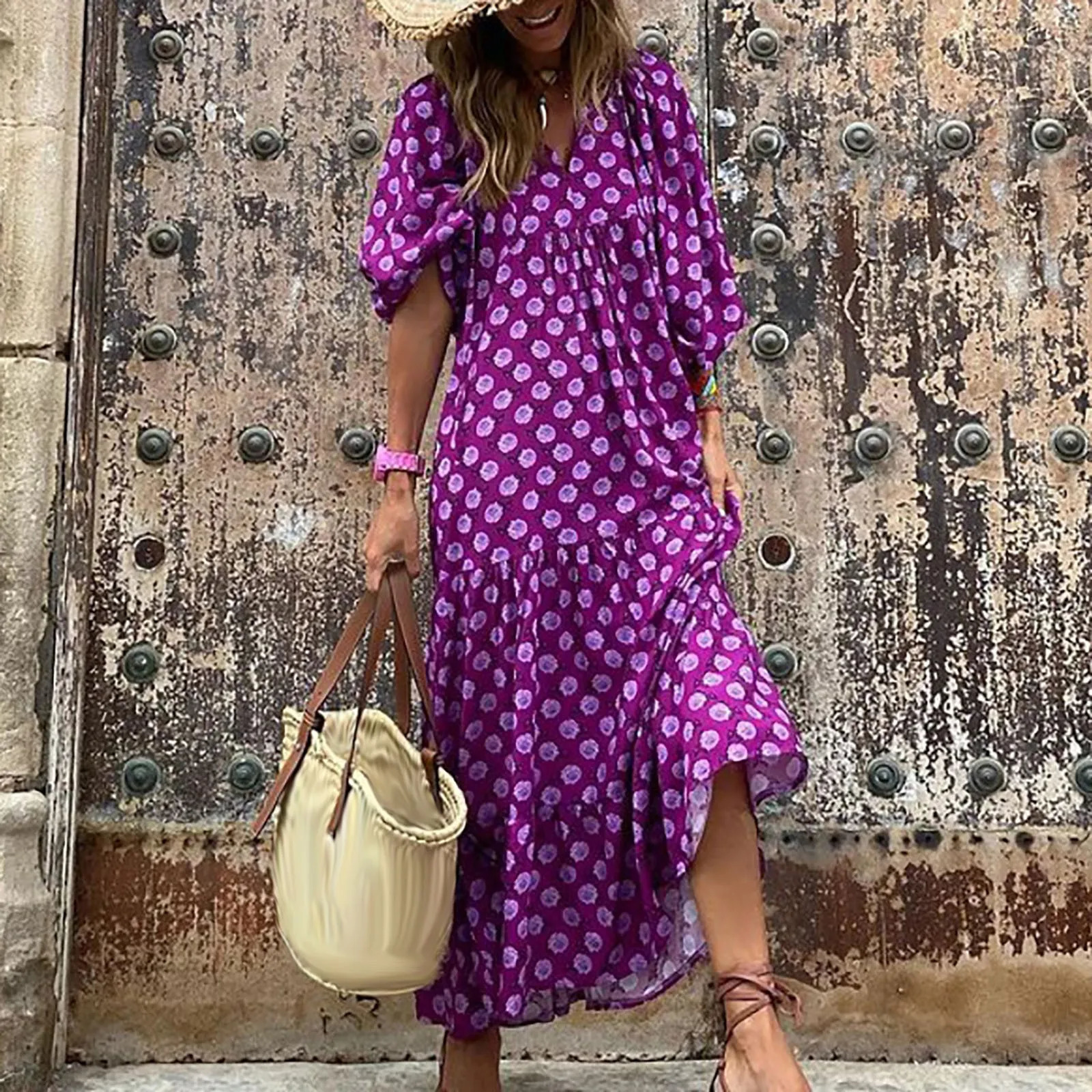 Bohemian printed bubble sleeves Sundress womens streetwear tie oversized long skirt summer dress long skirt 250213