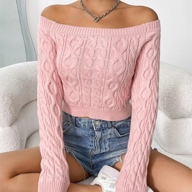 Autumn Womens Knitted Sweater Solid Color Sexy Short Style Autumn/Winter One Piece Neck Off Shoulder Knitted Sweater 250210