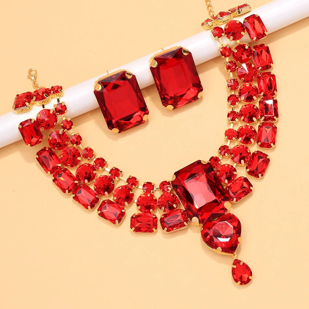 Stonefans Red Exaggerate Necklace Earring Set Wedding Accessories Geometric Rhinestone Nigeria Bridal Jewelry Set 250213