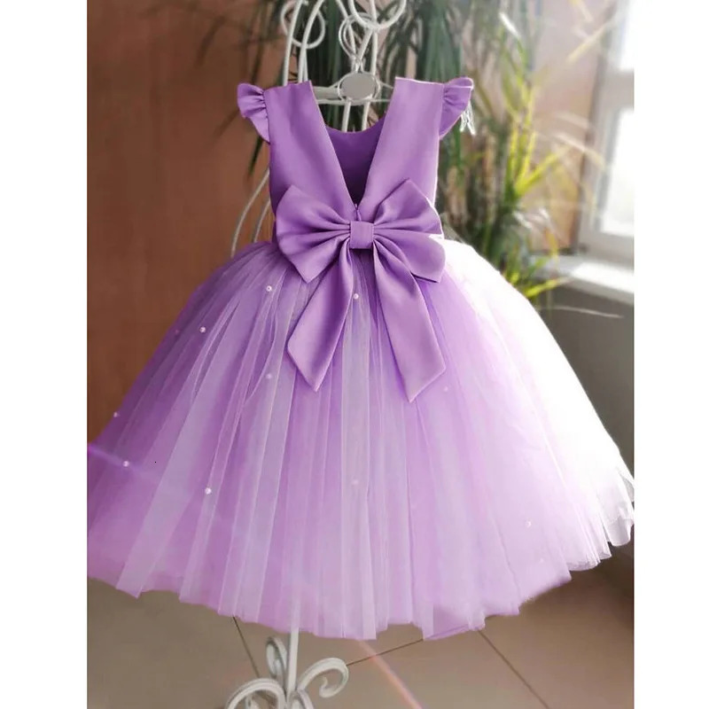 Elegant Short Pink Toddler Flower Girl Dresses Birthday Tulle Sleeveless Bow Pearls Princess Wedding Party Gown for Kids Baby 250213