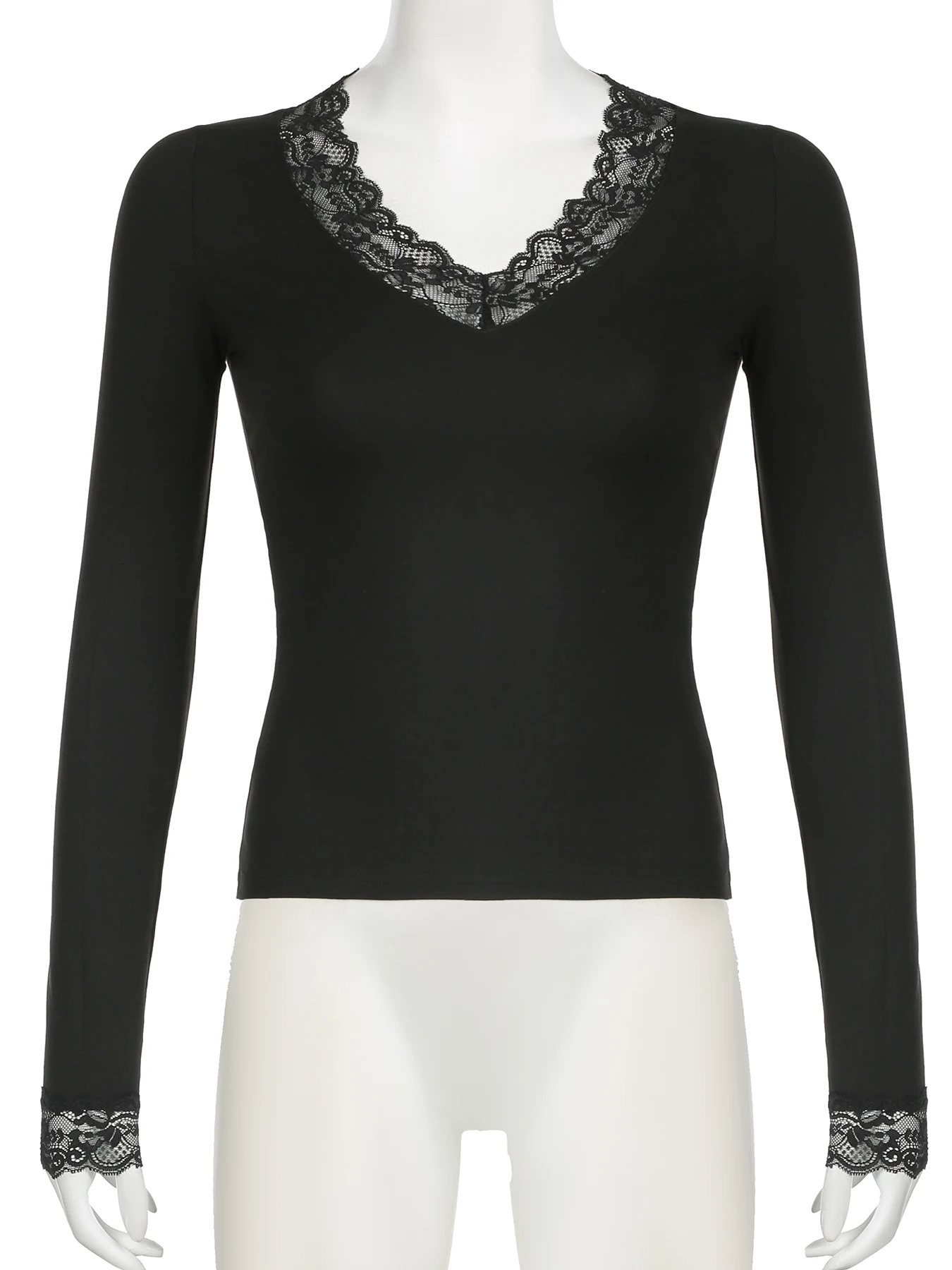 IAMSURE Casual Solid Lace Trim T Shirt Basic Slim VNeck Long Sleeve Tees Women Autumn Spring Fashion Streetwear Ladies 250211