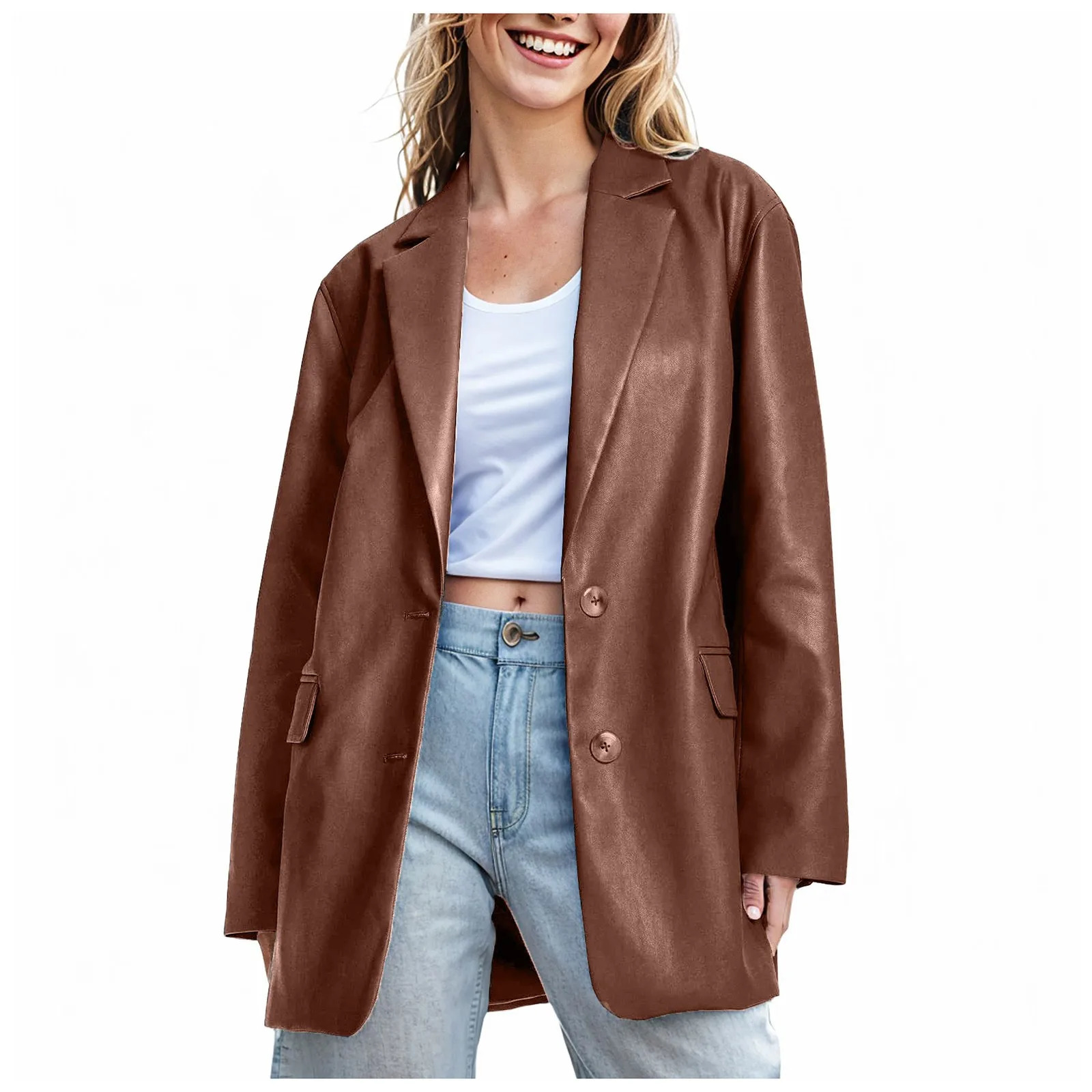 Women Casual Leather Jackets Solid Color Turn Down Neck Long Sleeve Button Suit Fashion Pu Faux Jumper Coat 250211