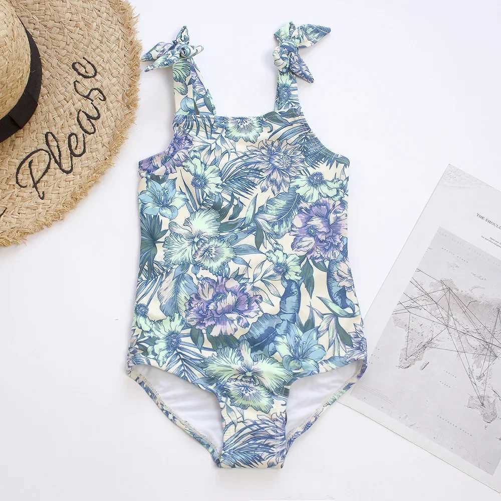 Large Girls Tropical Print One-piece Swimsuit Girls Bow Strap Swimwear Kids Beach Bathing Suits Children Printing Swim BodysuitXJ250214