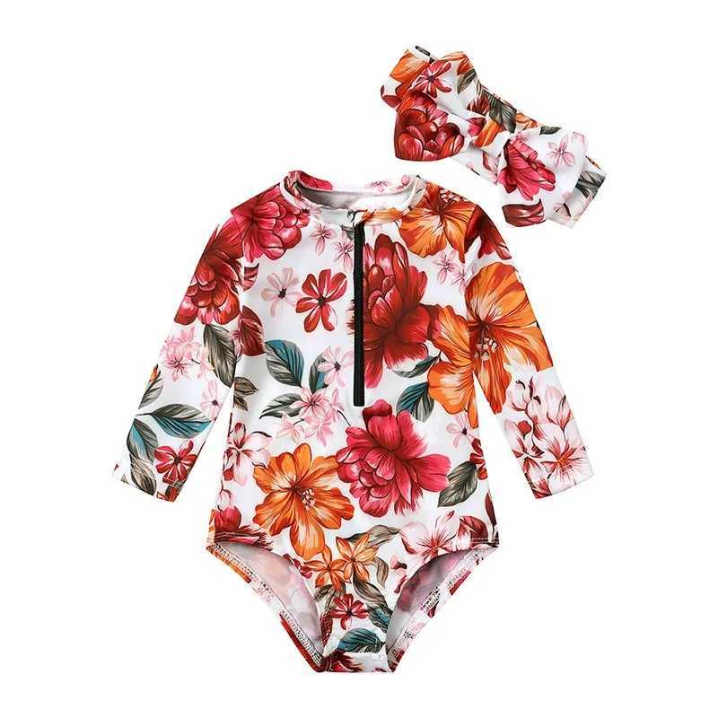 European Kids Swimsuit New Surfing Suit Floral Printed Baby Girls Swimwear Kids One Pieces Bathing Suit Monokini with HeadbandXJ250214
