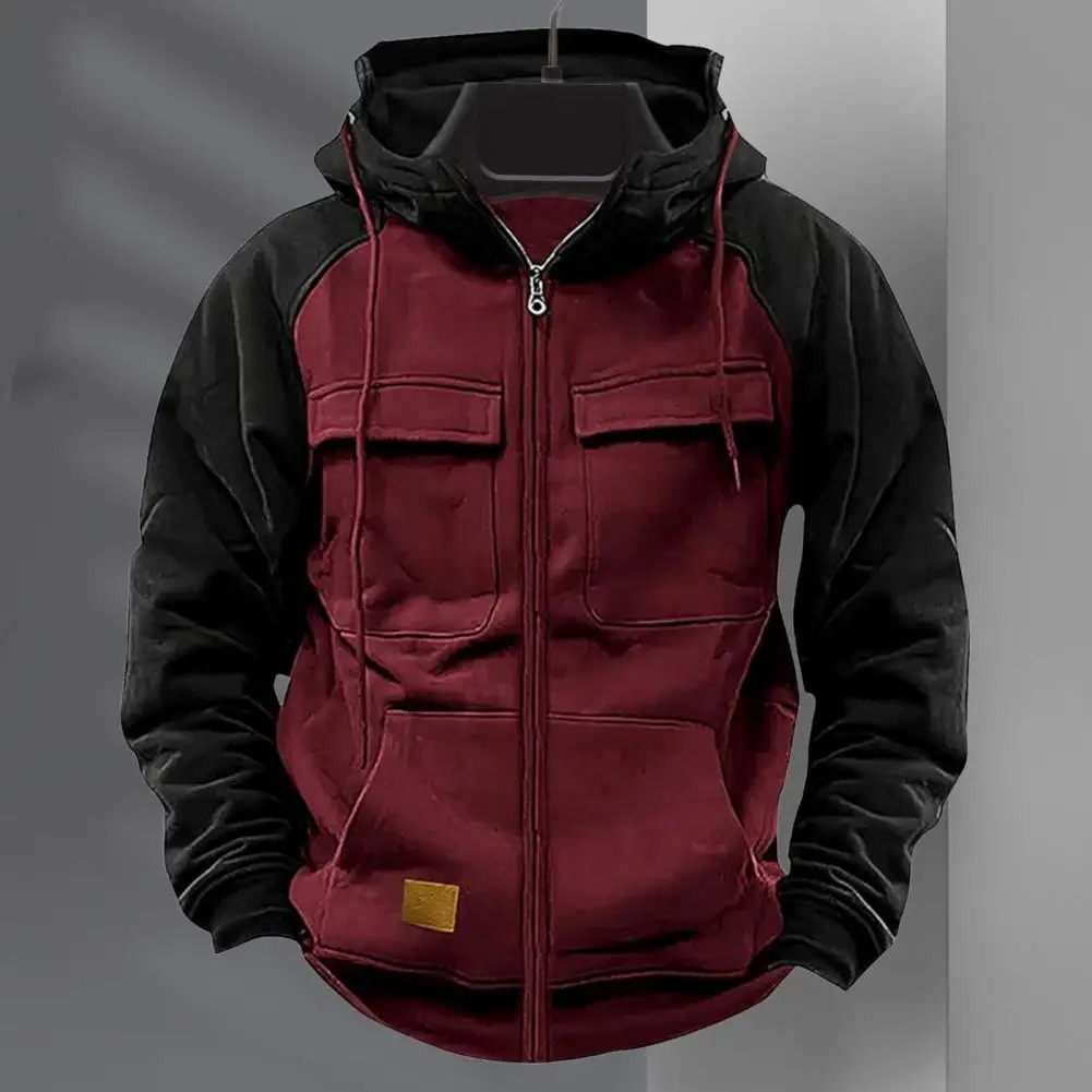 Men Hoodie Zipper Closure Elastic Cuff Retro Male Hooded Jackets Multi Pockets Cargo Warm Sweatshirts Thick Outdoor Coat 250214